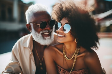Stylish african american couple in sunglasses smiling and looking at camera