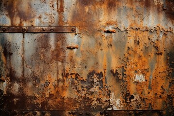 A deteriorated and worn metallic surface with textured rust, showcasing an industrial and grungy atmosphere. Generative AI