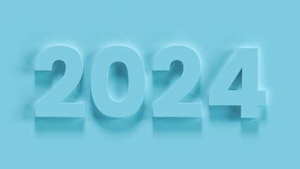 「2024」の3D文字、青色のシンプルな立体イラスト素材