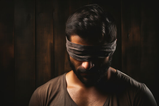 Portrait of a man with blindfold on his eyes against wooden background