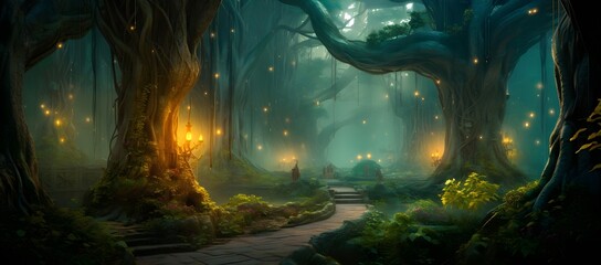 Obraz na płótnie Canvas Enchanted magic Forest Glade, Illuminated Fireflies amidst Ancient Trees. generative ai 