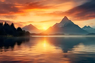 Rolgordijnen An image of a vibrant sunset over a serene lake, Serene Mountain Sunrise: Misty Lake Reflections at Dawn. generative ai  © ekhtiar