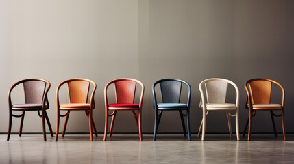 Row of trendy chairs in a row on grey wall background, interior trend design concept - obrazy, fototapety, plakaty