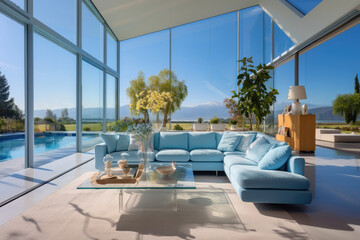 Interior of modern villa, view from the bright living room with panoramic windows