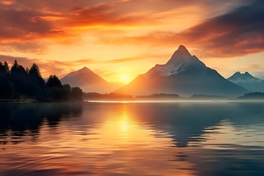 An image of a vibrant sunset over a serene lake, Serene Mountain Sunrise: Misty Lake Reflections at Dawn. generative ai 