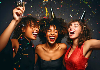 Obraz premium Happy beautiful young women at New Year's party, studio shot