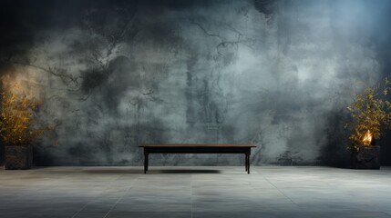 Texture of concrete floor and dark wall with fog with table and lamp
