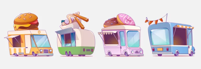 Photo sur Aluminium Voitures de dessin animé Street food truck illustration for festival vector. Van vendor isolated icon set with burger, donut, coffee and snack. Tent car cafe merchant for commercial fastfood industry. Asian kitchen stand