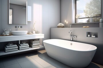 Fototapeta na wymiar Contemporary bathroom layout showcasing a bathtub, sink, mirror, towels, and bath items - rendered in 3D. Generative AI