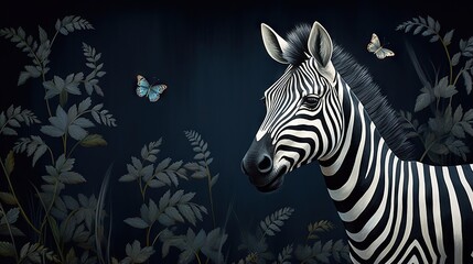 Fototapeta na wymiar a zebra standing in front of a bunch of flowers and butterflies. generative ai