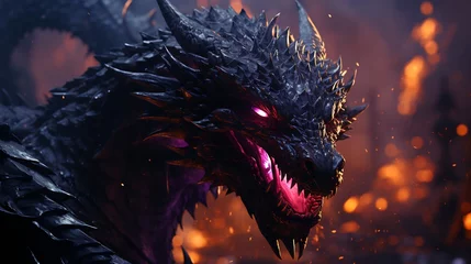 Poster Close up of dragon head on dark background. © valentyn640