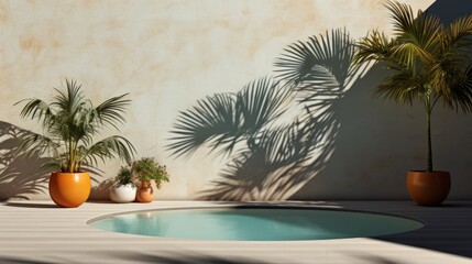 Tropical summer background with walls, pool water and plants in vases