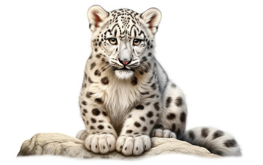 Sitting on Stone Snow Leopard on White Transparent Background.