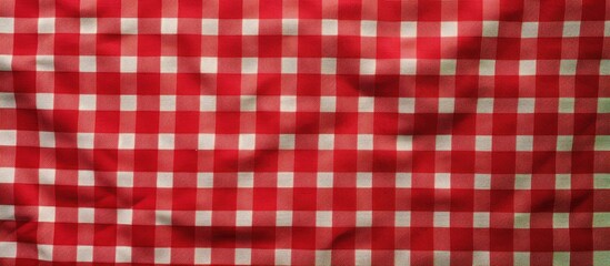 Top down view of a green grass backdrop with a red checkered picnic cloth