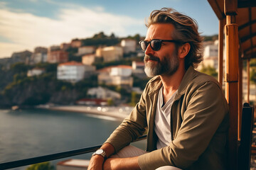 Man with beard and glasses sitting on balcony. - Powered by Adobe