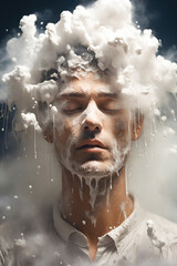 Man with cloud of water on his head and cloud of water on his head.