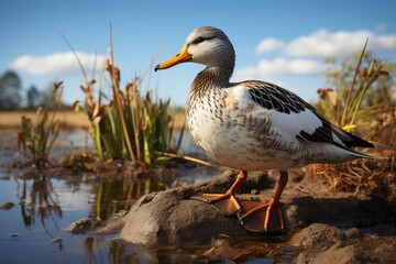 Obraz premium Farmer feeding the ducks by the pond.Duck coop with ducks resting inside at farm,Generated with AI