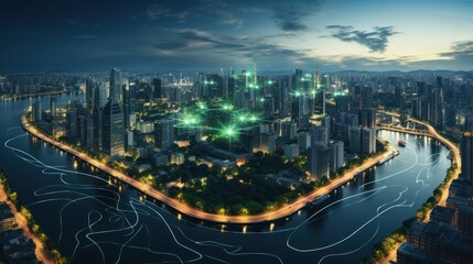 Wifi icon, city landscape as well as network connection concept, Smart city green panorama at night