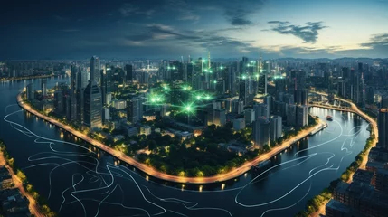  Wifi icon, city landscape as well as network connection concept, Smart city green panorama at night © hanif