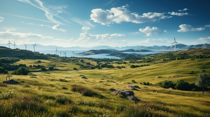 Naklejka premium Wind turbine on a sunny morning with stunning views of the sea and green fields