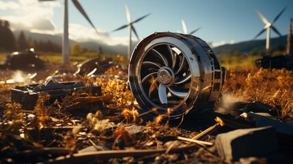 A broken wind turbine that has fallen on the ground