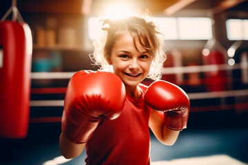 Young girl wearing red boxing gloves in boxing ring. - obrazy, fototapety, plakaty