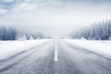 Straight road covered with snow and ice at winter - Powered by Adobe
