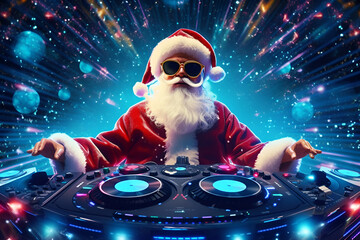 DJ Santa Claus in glasses on a blue background at the New Year party - obrazy, fototapety, plakaty