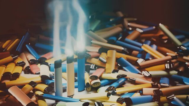 Multicolored vape pen electronic cigarettes with smoke. Full 3D Render Animation. Tobacco Industry Concept Background.