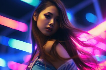 Obraz na płótnie Canvas Portrait of a beautiful young asian woman with long hair in night club