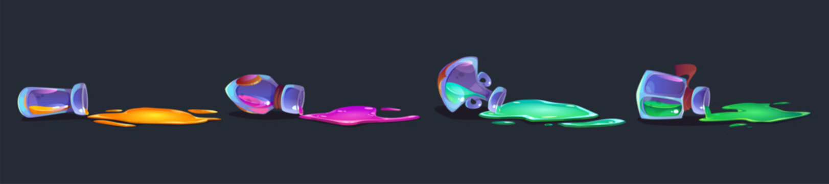Fallen glass tubes with spilled colored potions. Overturned bottles of witch or wizard glow magic elixir. Cartoon vector flask with puddle of spilt neon fantasy medicine or chemistry laboratory liquid