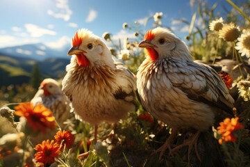 Fototapeta premium chickens exploring the farm, roaming freely in a grassy field,Generated with AI