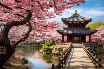 Paisaje de casa japonesa con árboles rosas