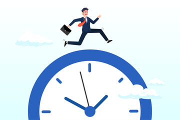 Hurry businessman run fast on time run out clock, time run out, deadline or hurry to go to the office late, urgency or determination to finish work fast, stressed or anxiety to complete work (Vector)