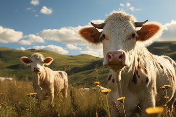 A cowherd raises cows happily farm wide pasture. products from cows for sale meat , milk, cheese, butter