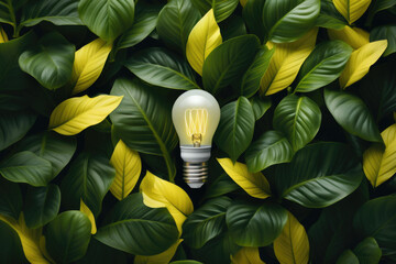 Light bulb surrounded by fresh green leaves. This image can be used to represent nature, growth, sustainability, or eco-friendly concepts.