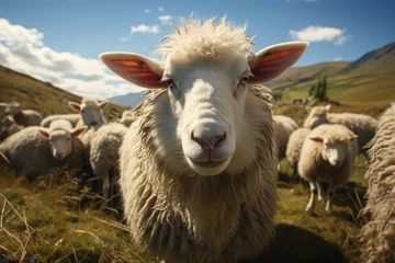Foto op Plexiglas Farmers raise sheep with great joy, in farms, shear sheep to sell in market, farm scene with happy sheep © Chanwit