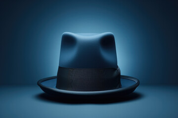 Blue hat with black band sits on plate. This image can be used for fashion or accessory themes.