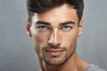 Obraz premium Close-up view of man wearing gray shirt. This image can be used in various contexts.