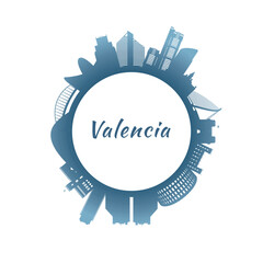 Valencia skyline with colorful buildings. Circular style. Stock vector illustration.