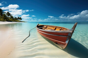 Canoe on the tropical sandy beach. Beautiful summer landscape of tropical island with boat in ocean. Transition of sandy beach into turquoise water.