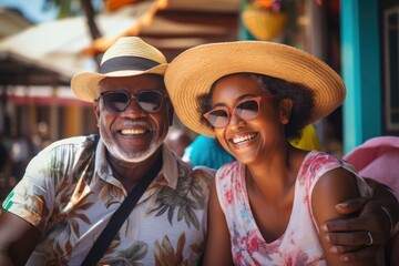 Happy African American bearded senior man surrounds with grandchildren on a tropical vacation setting