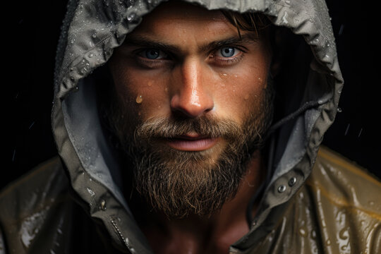 Picture of man with beard wearing rain jacket. Perfect for outdoor and rainy weather concepts.