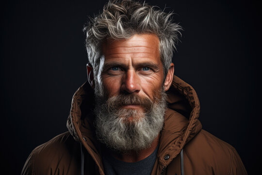 Picture of man with beard wearing brown jacket. This image can be used to depict stylish and rugged individual or to illustrate concepts such as fashion, masculinity, or outdoor activities.