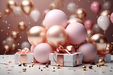 Celebration background with pink white balloons, gifts and confetti