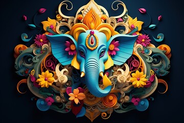 Ganesha with colorful floral ornament on blue background. Vector illustration.