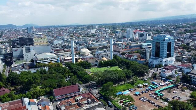 Bandung, Indonesia - July 9, 2023: Aerial View of City Square (Alun-Alun) Bandung and Masjid Raya Bandung, An Icon in the Downtown, West Java, Indonesia.
