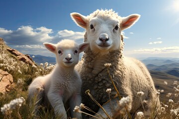 Farmers raise sheep with great joy, in farms, shear sheep to sell in market, farm scene with happy sheep - obrazy, fototapety, plakaty