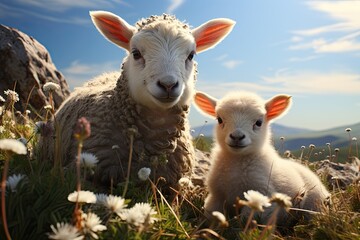 Naklejka premium Farmers raise sheep with great joy, in farms, shear sheep to sell in market, farm scene with happy sheep