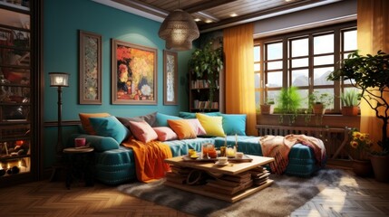 Interior of a cozy room in eclectic style - obrazy, fototapety, plakaty